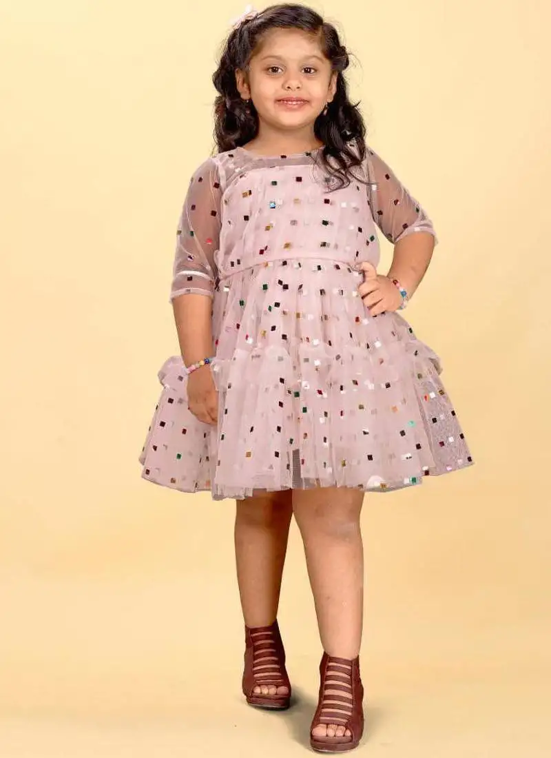 Pink net printed sequins work frock for girls