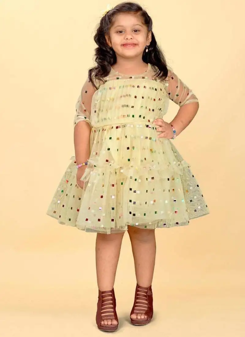 Yellow net printed sequins work frock for girls