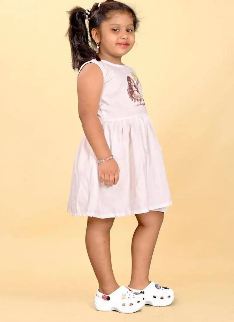 Pink rayon printed stripes print dress for girls