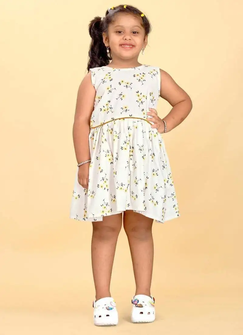 White rayon printed floral print dress for girls