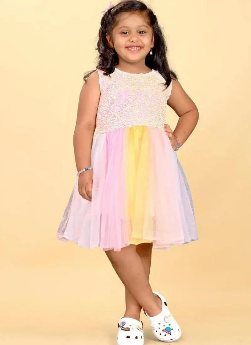 Multicolor net printed stripes print dress for girls