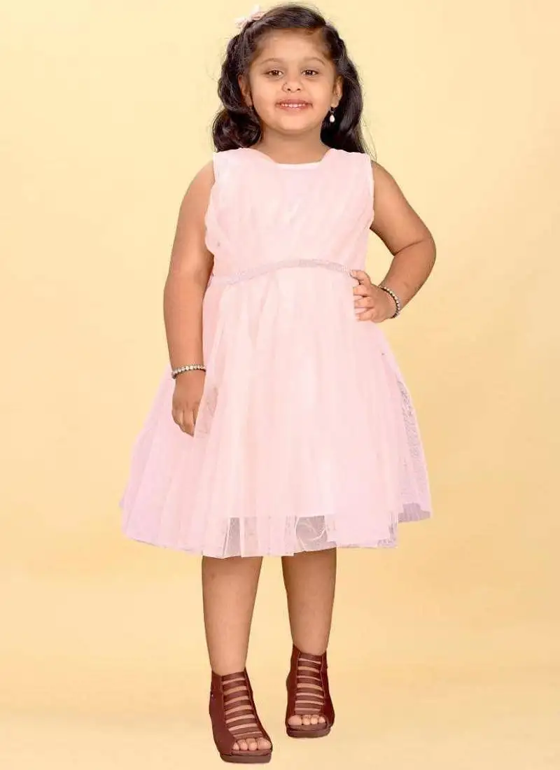 Pink net plain sequins work dress for girls