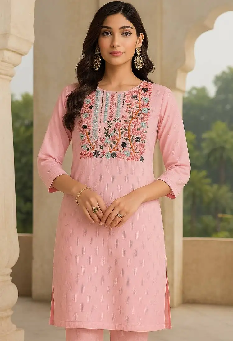 Cotton self weaving kurti with wool embroidery stitched
