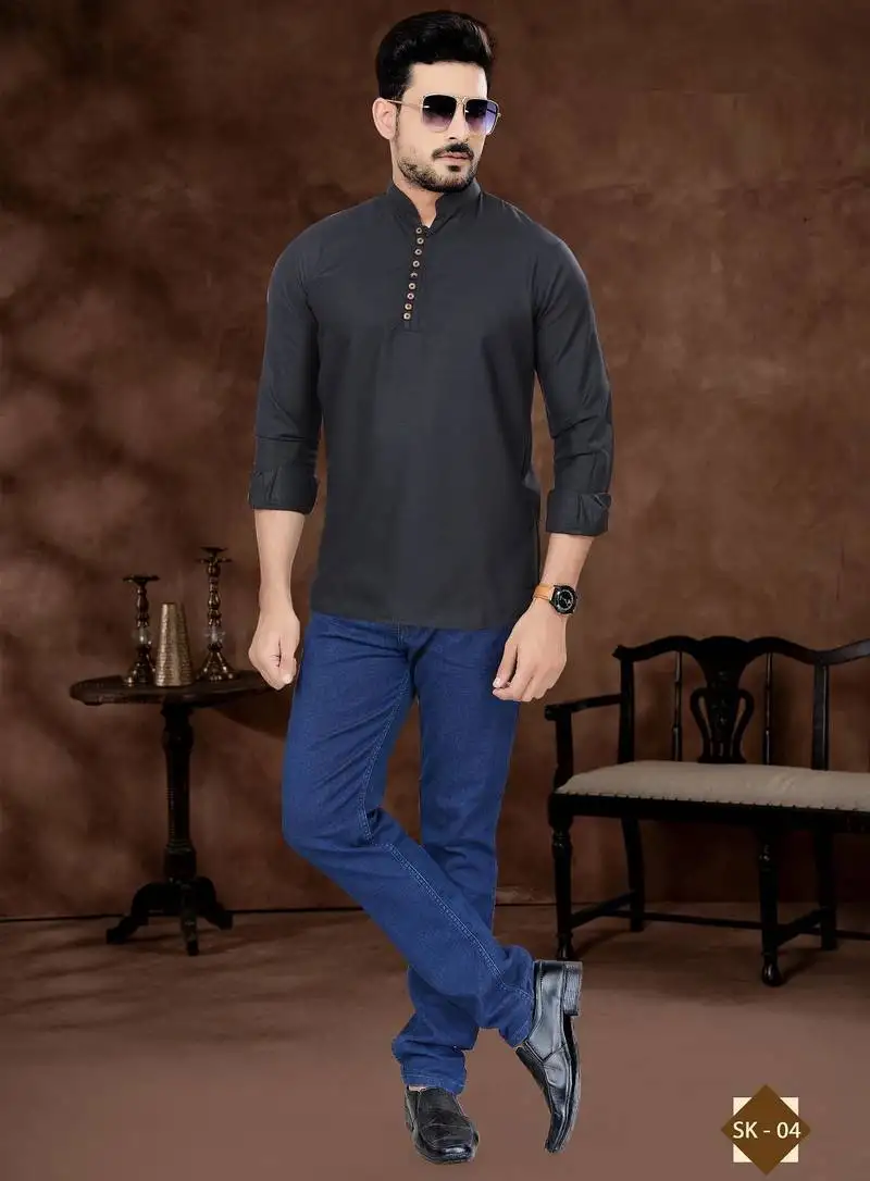 Black cotton plain short kurta for mens wear