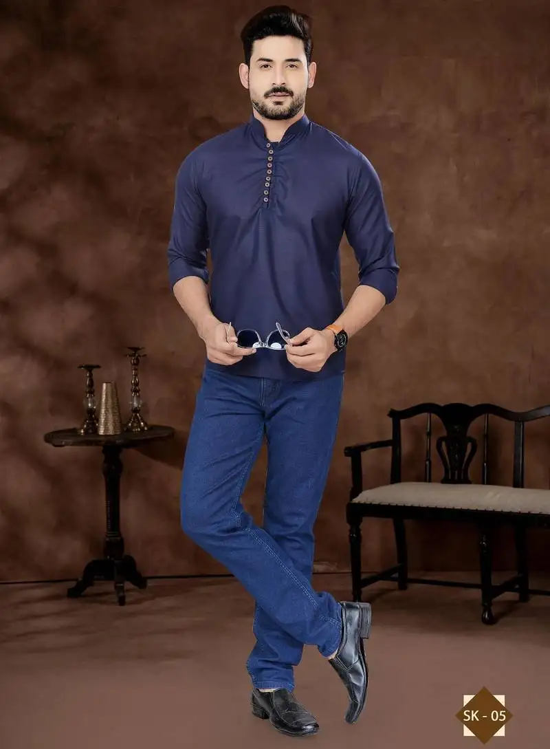 Navy blue cotton plain short kurta for mens wear