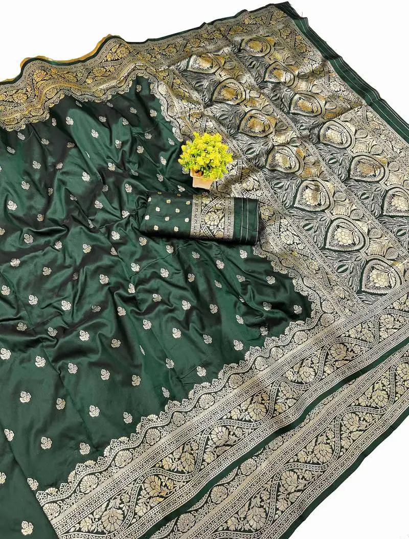 Dark green art silk saree with blouse