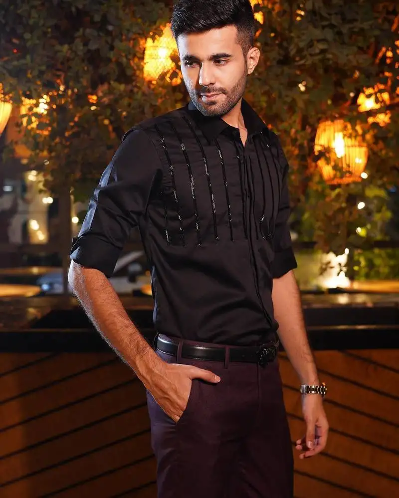 Black cutdana luxury satin designer shirt for men