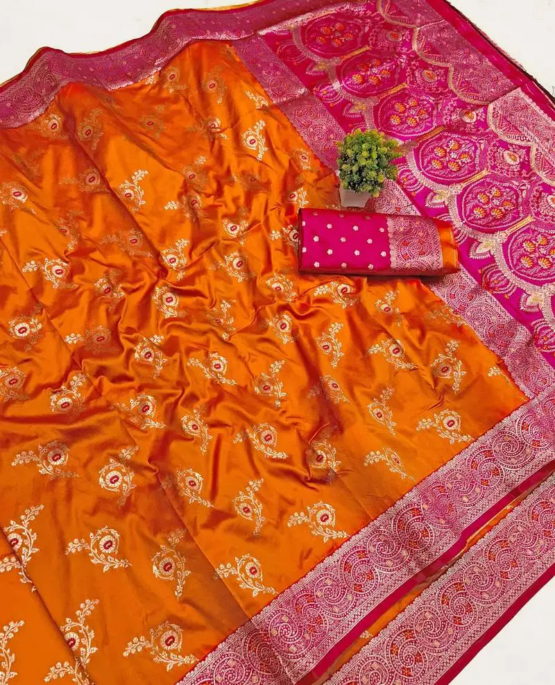 Orange art silk saree with blouse