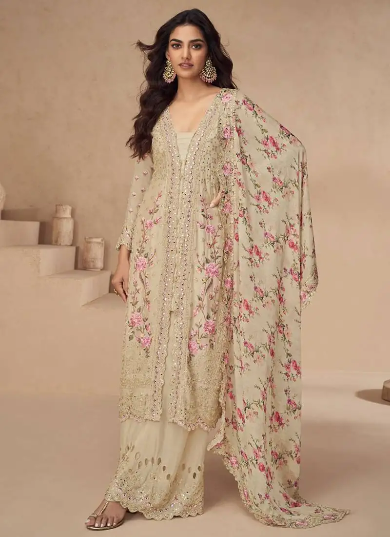 Cream chinon silk embroidered palazzo suit stitched