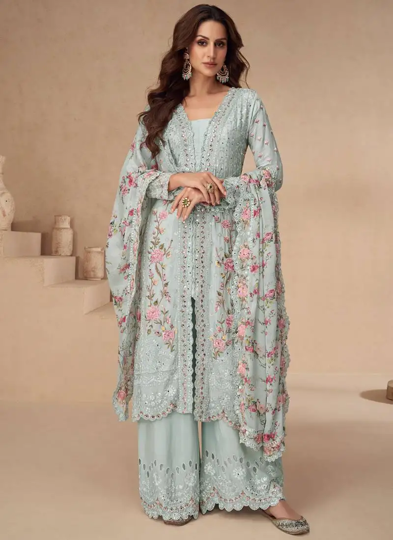Sea green chinon silk embroidered palazzo suit stitched