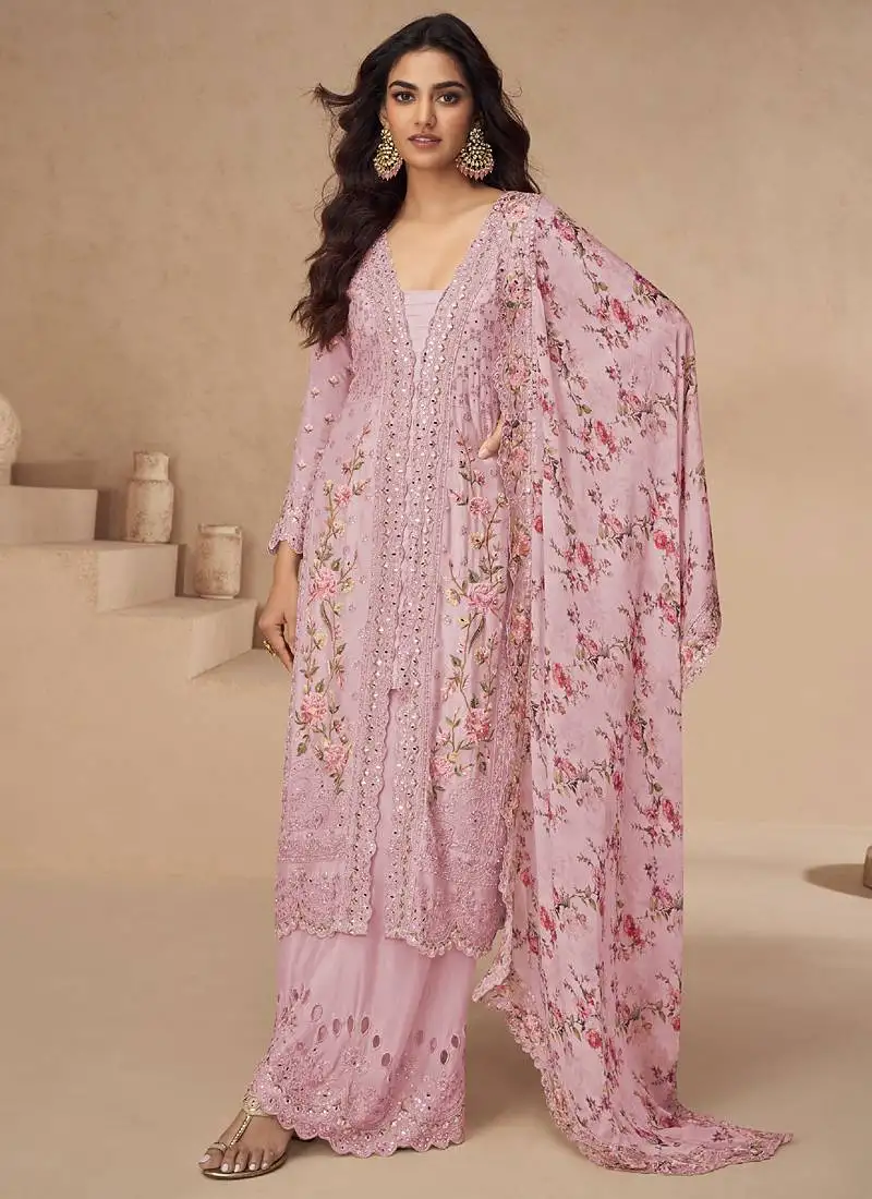 Light pink chinon silk embroidered palazzo suit stitched