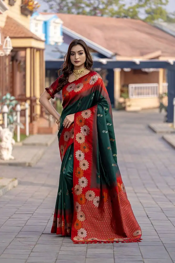 Green premium crafted silk blend sarees with rich weaving