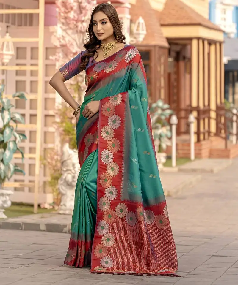 Sea green premium crafted silk blend sarees with rich weaving
