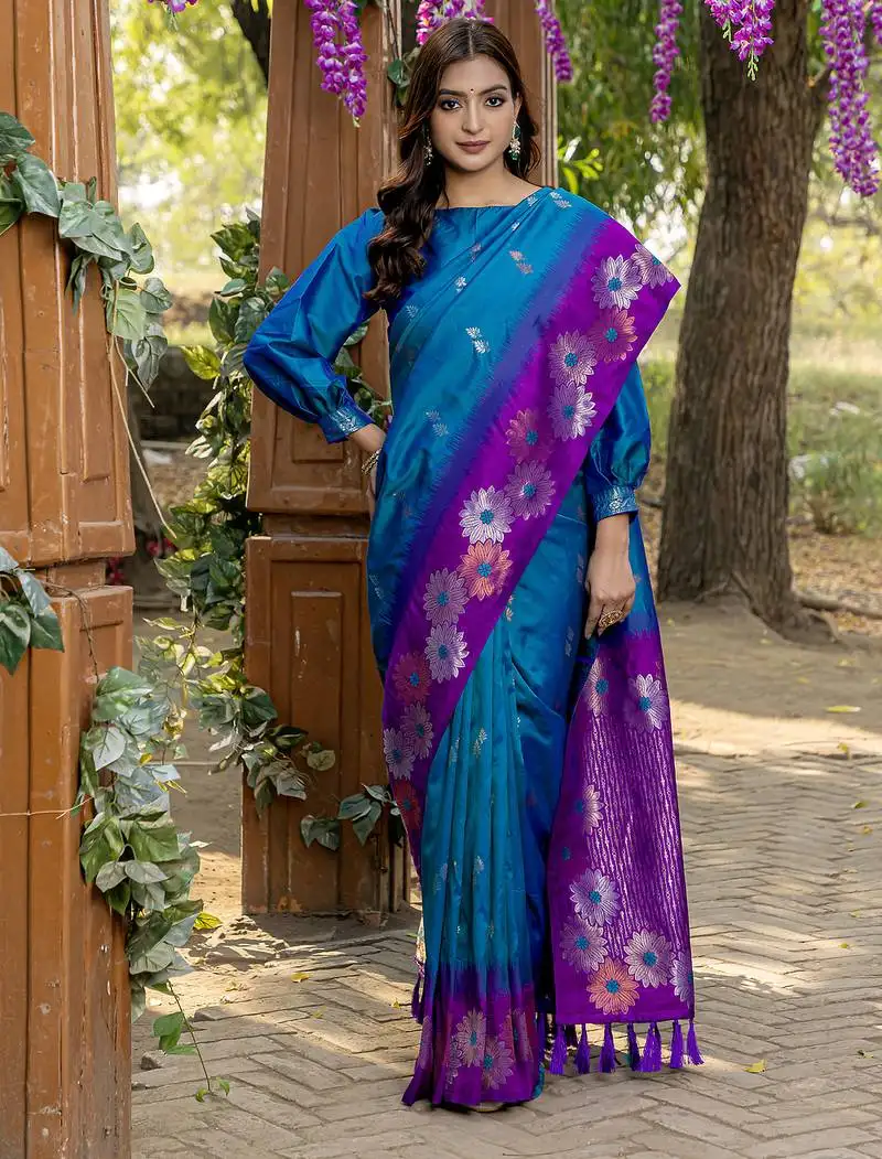 Teal premium crafted silk blend sarees with rich weaving