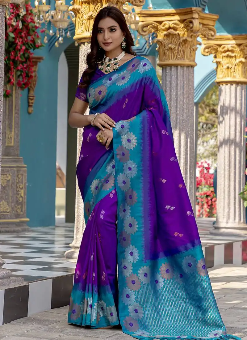 Purple premium crafted silk blend sarees with rich weaving