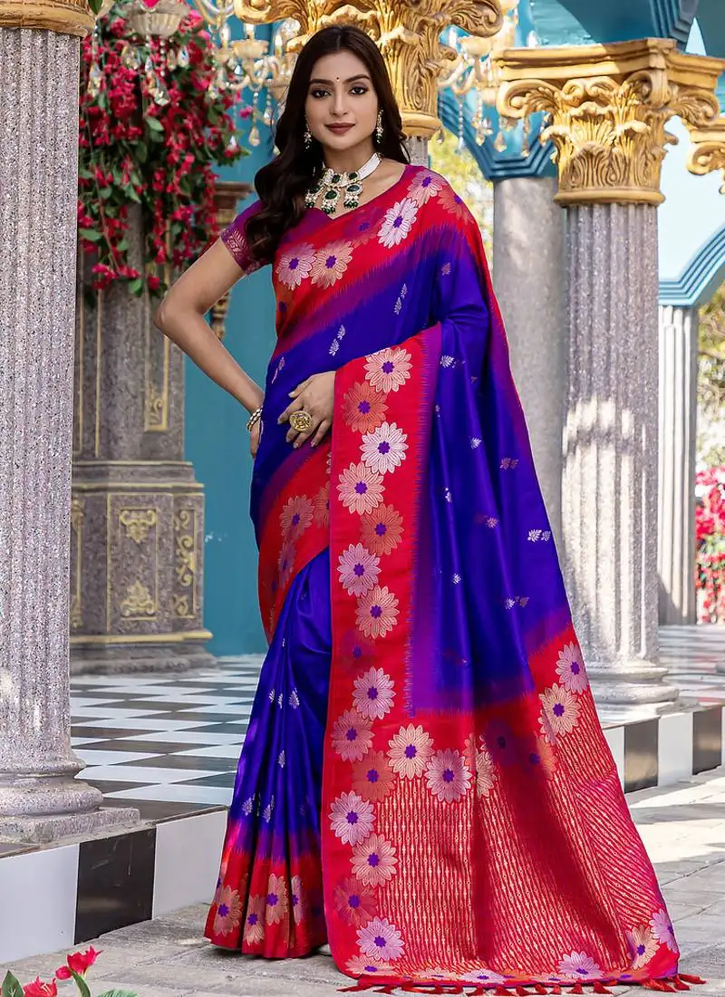 Blue premium crafted silk blend sarees with rich weaving