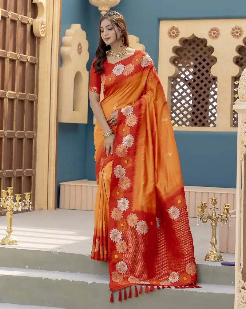 Orange premium crafted silk blend sarees with rich weaving