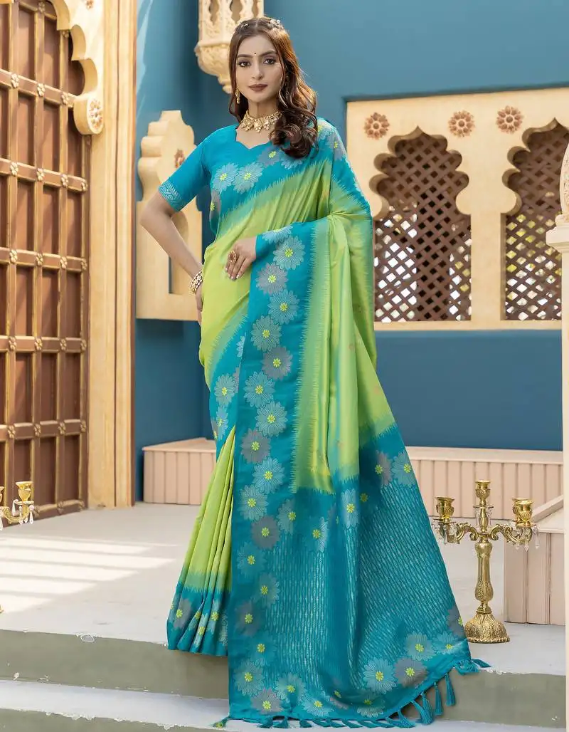 Parrot green premium crafted silk blend sarees with rich weaving