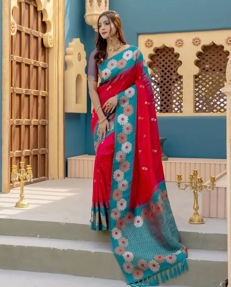 Pink premium crafted silk blend sarees with rich weaving