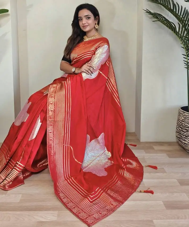 Red munga silk blend sarees with multi zari woven 3d flower