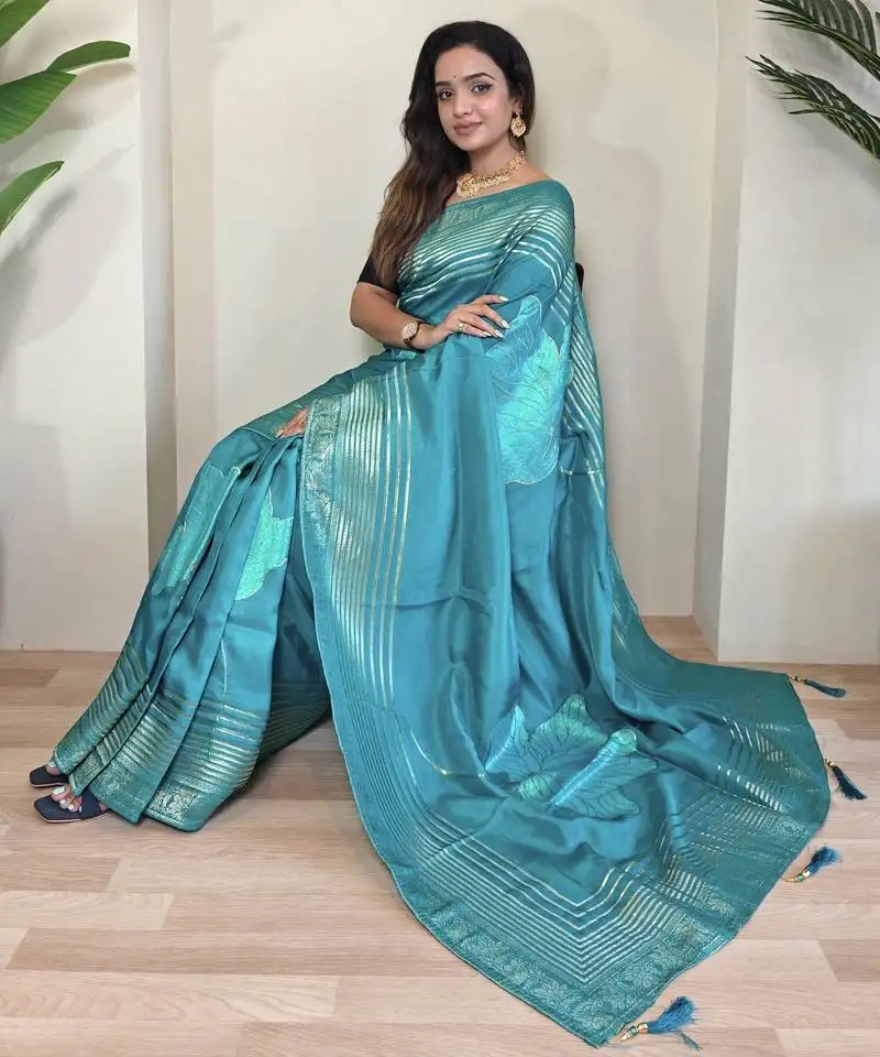 Sky blue munga silk blend sarees with multi zari woven 3d flower