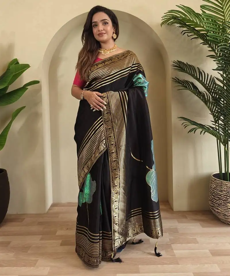 Black munga silk blend sarees with multi zari woven 3d flower