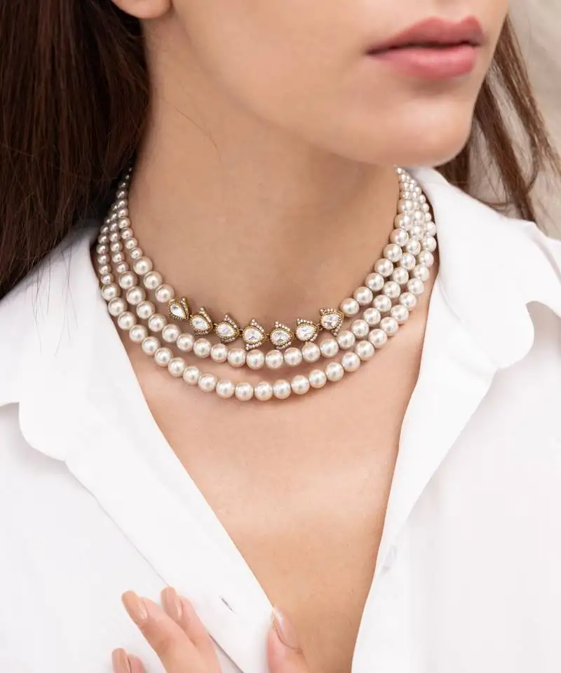 Gold plated pearl layered choker necklace