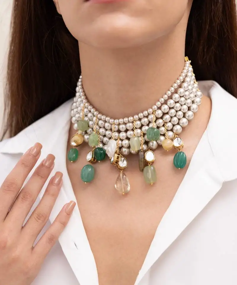 Gold plated pearl beaded choker necklace