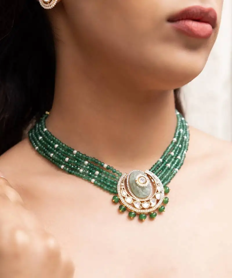 gold plated green kundan necklace set