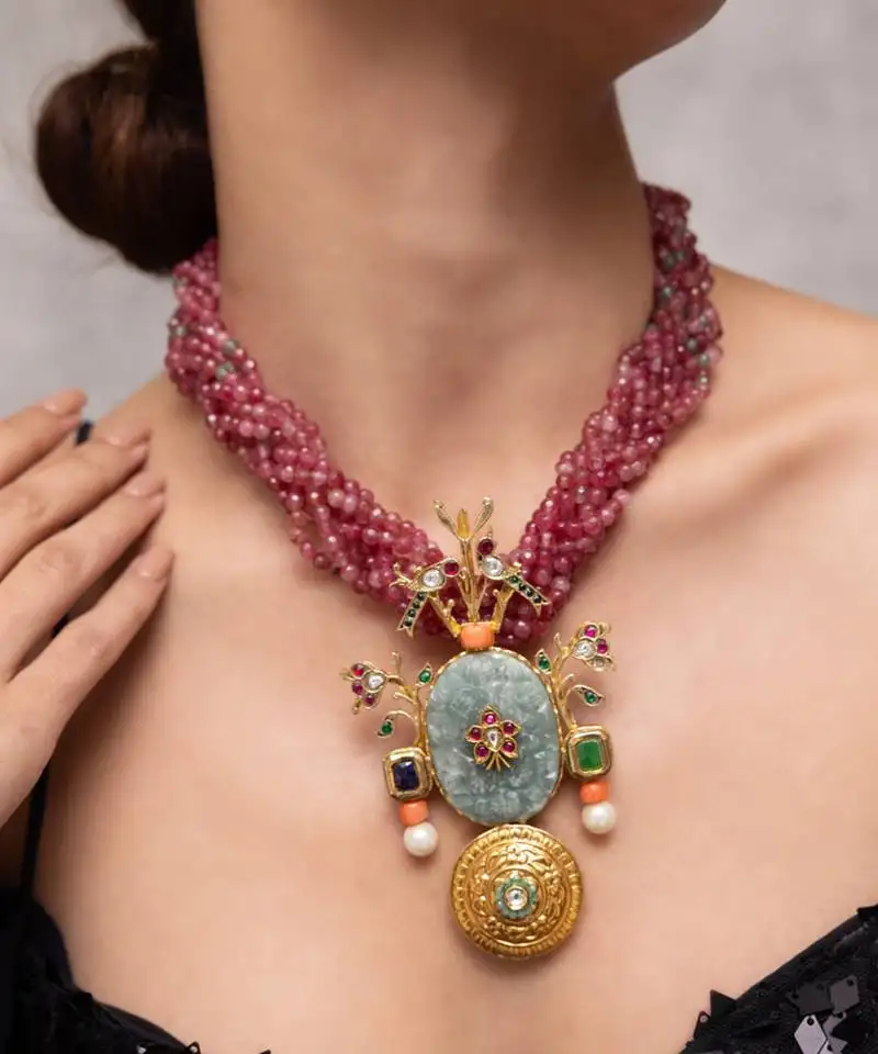 gold plated pink beaded necklace