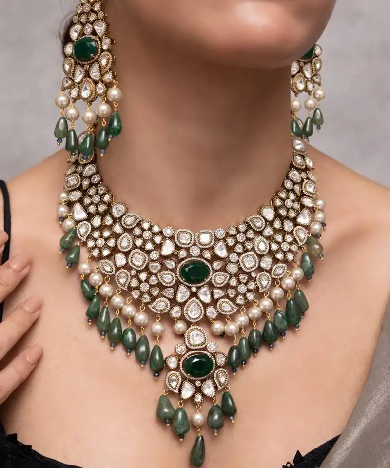 Gold plated green stone kundan necklace set