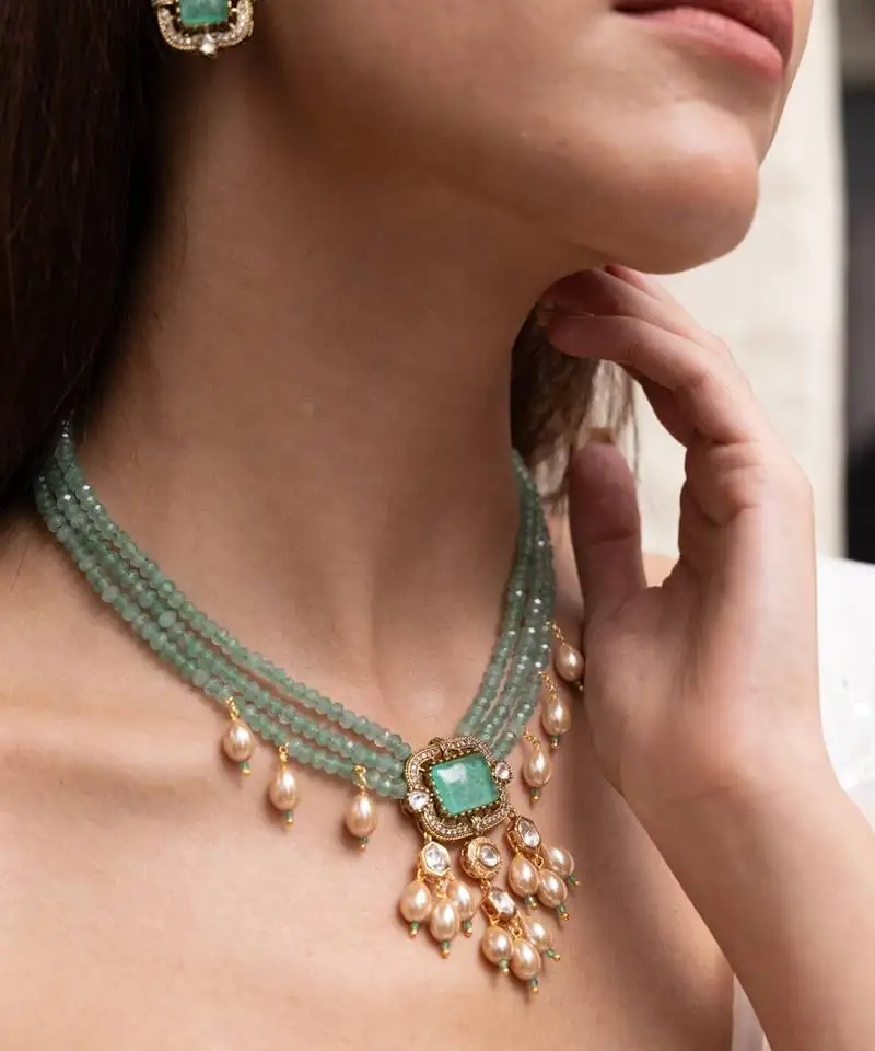 Gold plated green beads necklace set