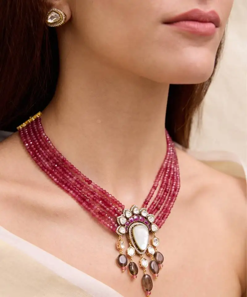 Gold plated pink beads necklace set