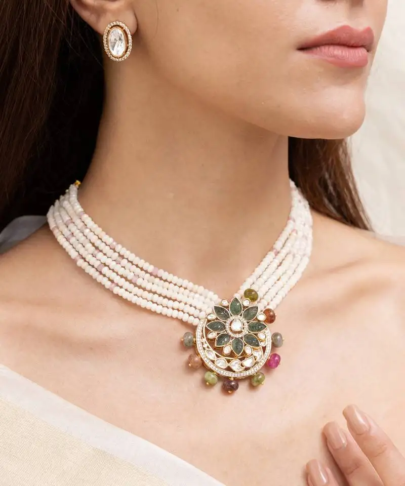 Gold plated pearl kundan necklace set