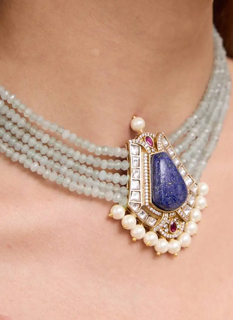 Gold plated blue stone beaded necklace set