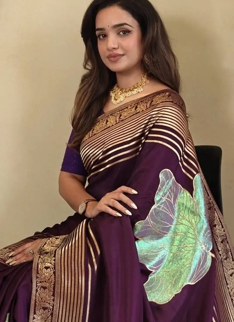 Wine munga silk blend sarees with multi zari woven