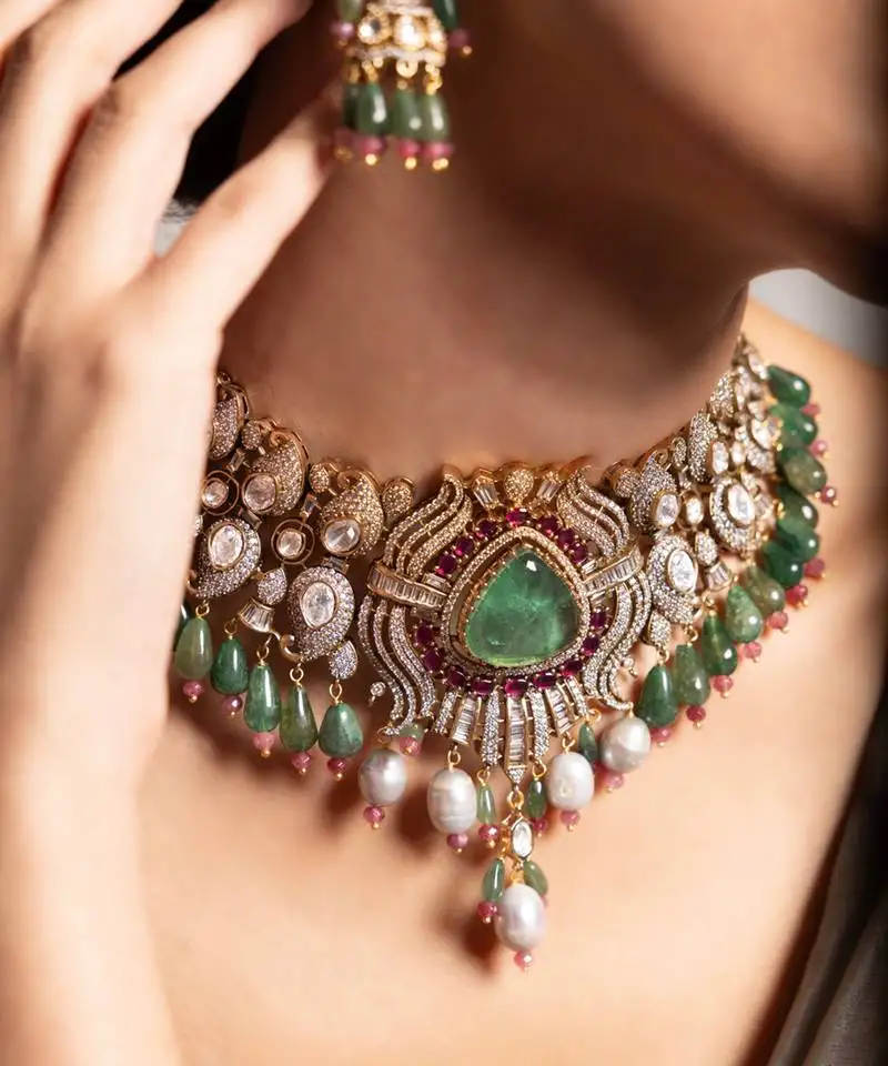 Gold plated multicolor kundan necklace set