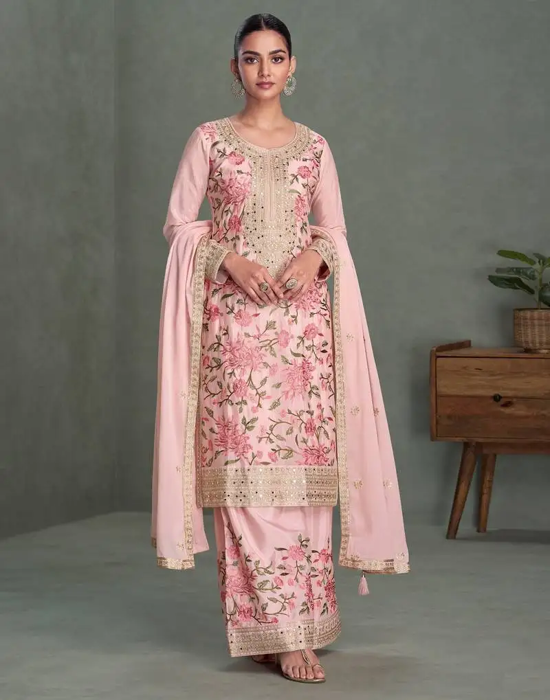 Pink embroidered chinon free size stitched palazzo style salwar suit semi stitched