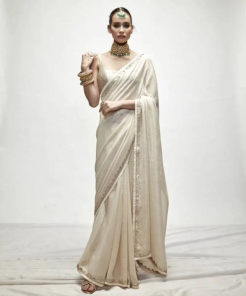 Cream georgette plain saree