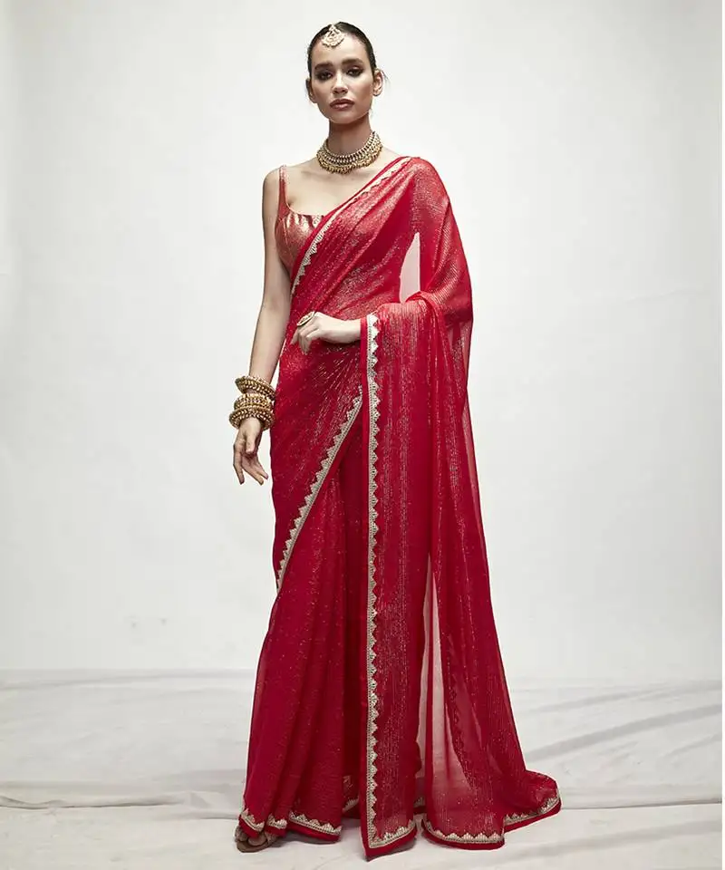 Red georgette plain saree