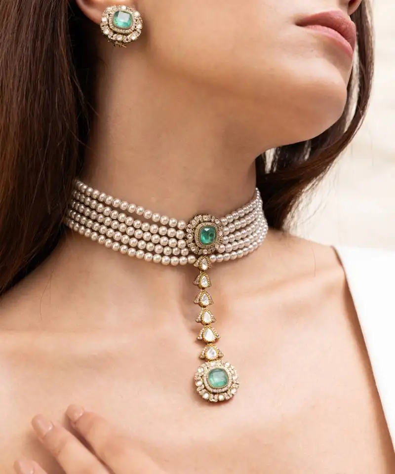Gold plated pearl green stone choker necklace set