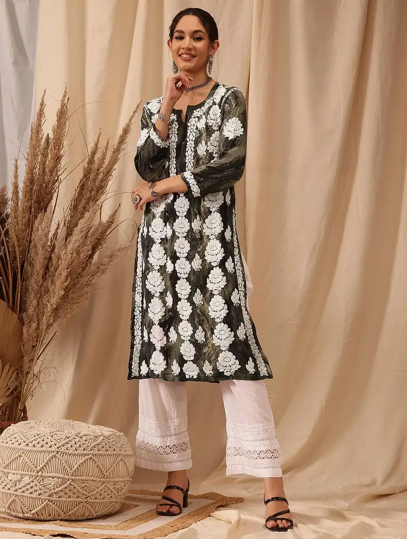 Hand embroidered olive green rayon lucknowi chikankari straight kurta