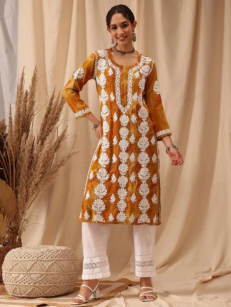 Hand embroidered mustard rayon lucknowi chikankari straight kurta