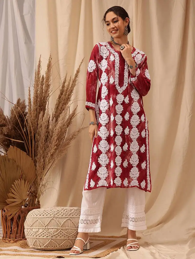 Hand embroidered red rayon lucknowi chikankari straight kurta