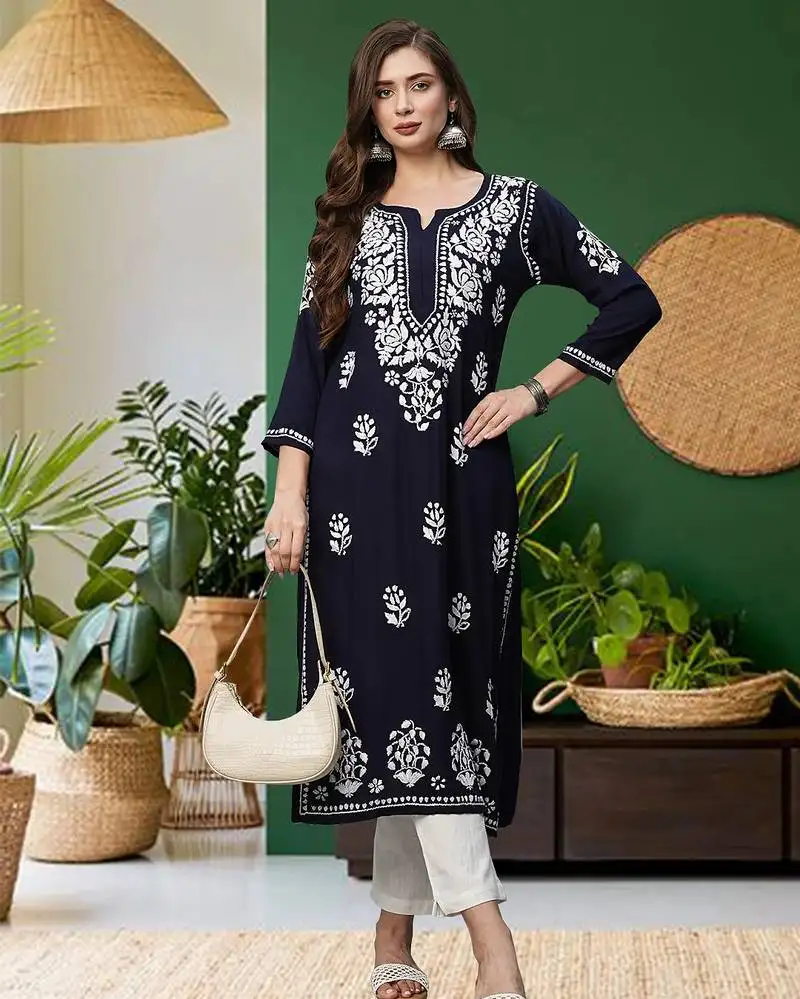 Hand embroidered navy blue rayon lucknowi chikankari straight kurta