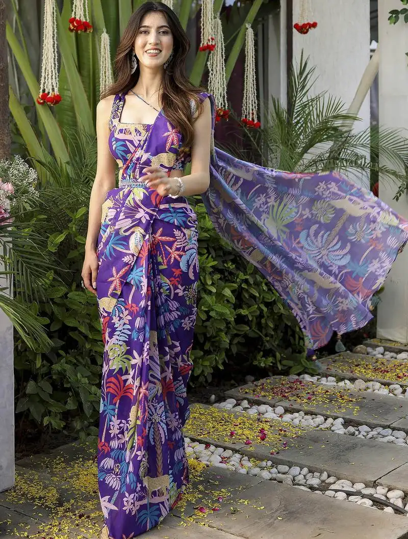Purple georgette jungle print ready to wear saree