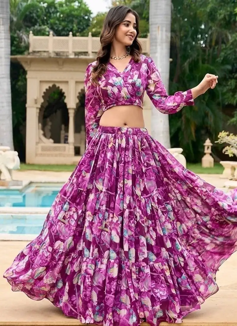 Wine floral digital print georgette crop top lehenga with unstitched blouse