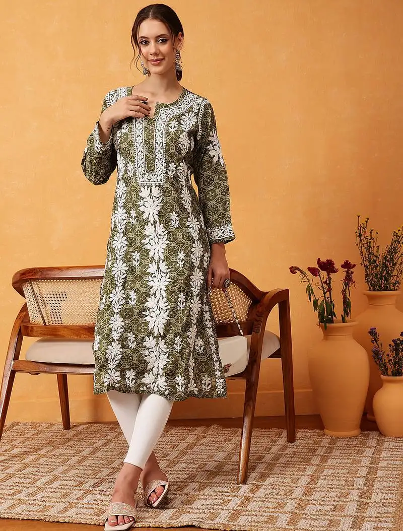 Hand embroidered printed green chanderi lucknowi chikankari straight kurta
