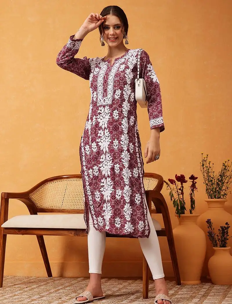 Hand embroidered printed wine chanderi lucknowi chikankari straight kurta