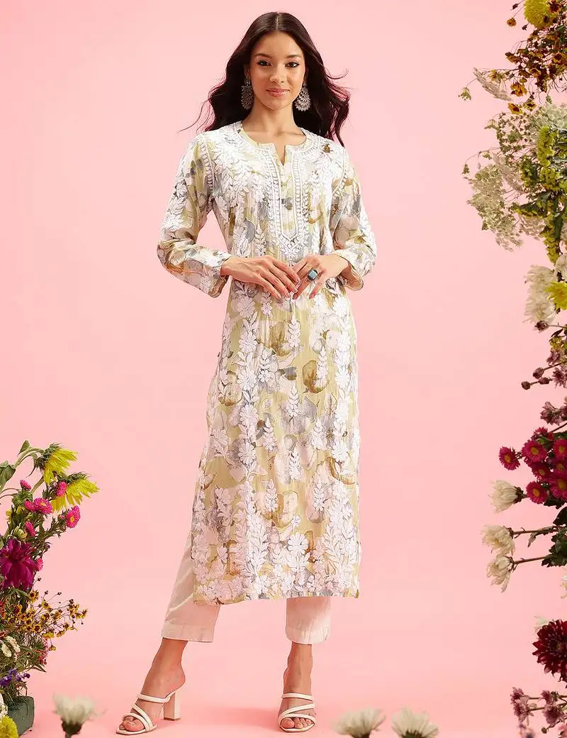 Hand embroidered printed pista green chanderi lucknowi chikankari straight kurta